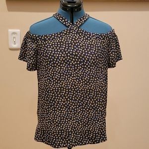 Loft, SM, Navy blue with yellow and blue patterns.